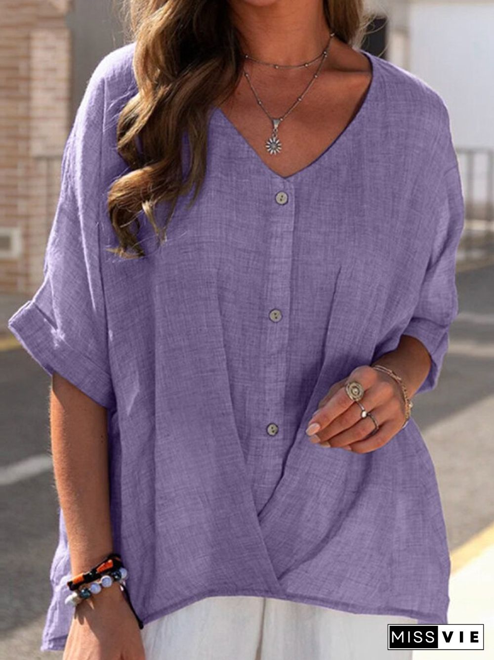 Retro Cotton Linen Simple Shirts Female Summer Fashion Solid V-Neck Short Sleeve Blouse Women Casual Commute Loose Blouses