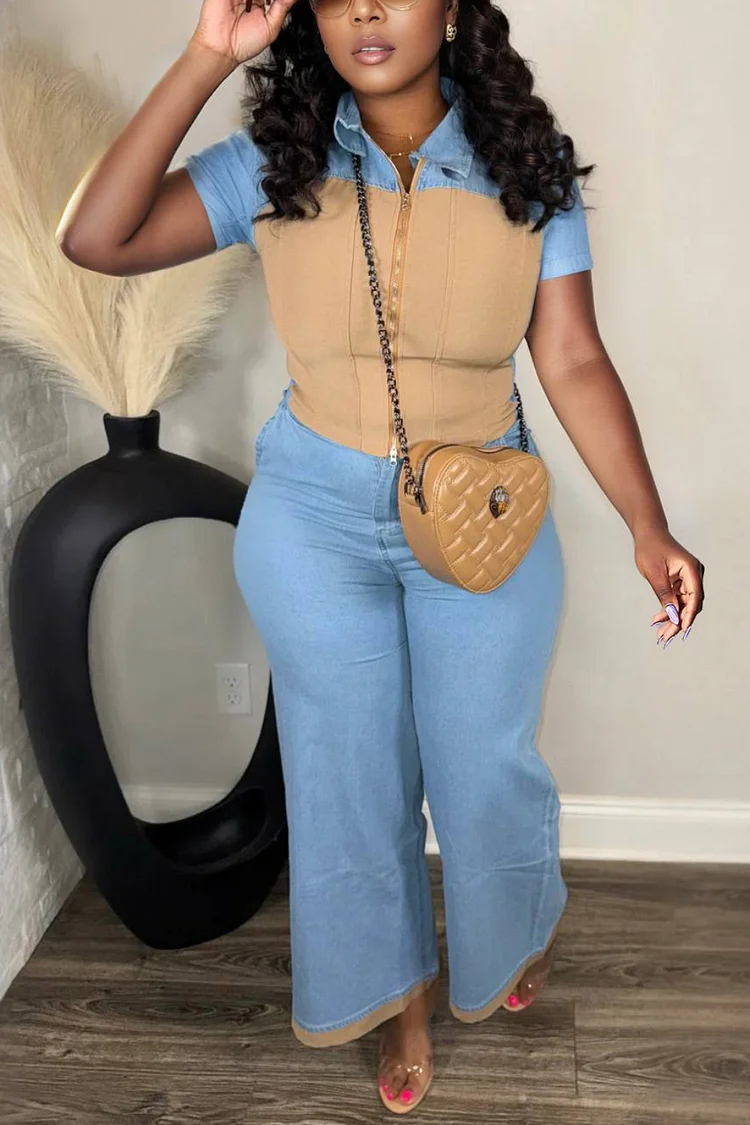 Xpluswear Design Plus Size Business Casual Blue Shirt Collar Short Sleeve Zipper Tencel Denim Two Piece Pant Sets [Pre-Order]