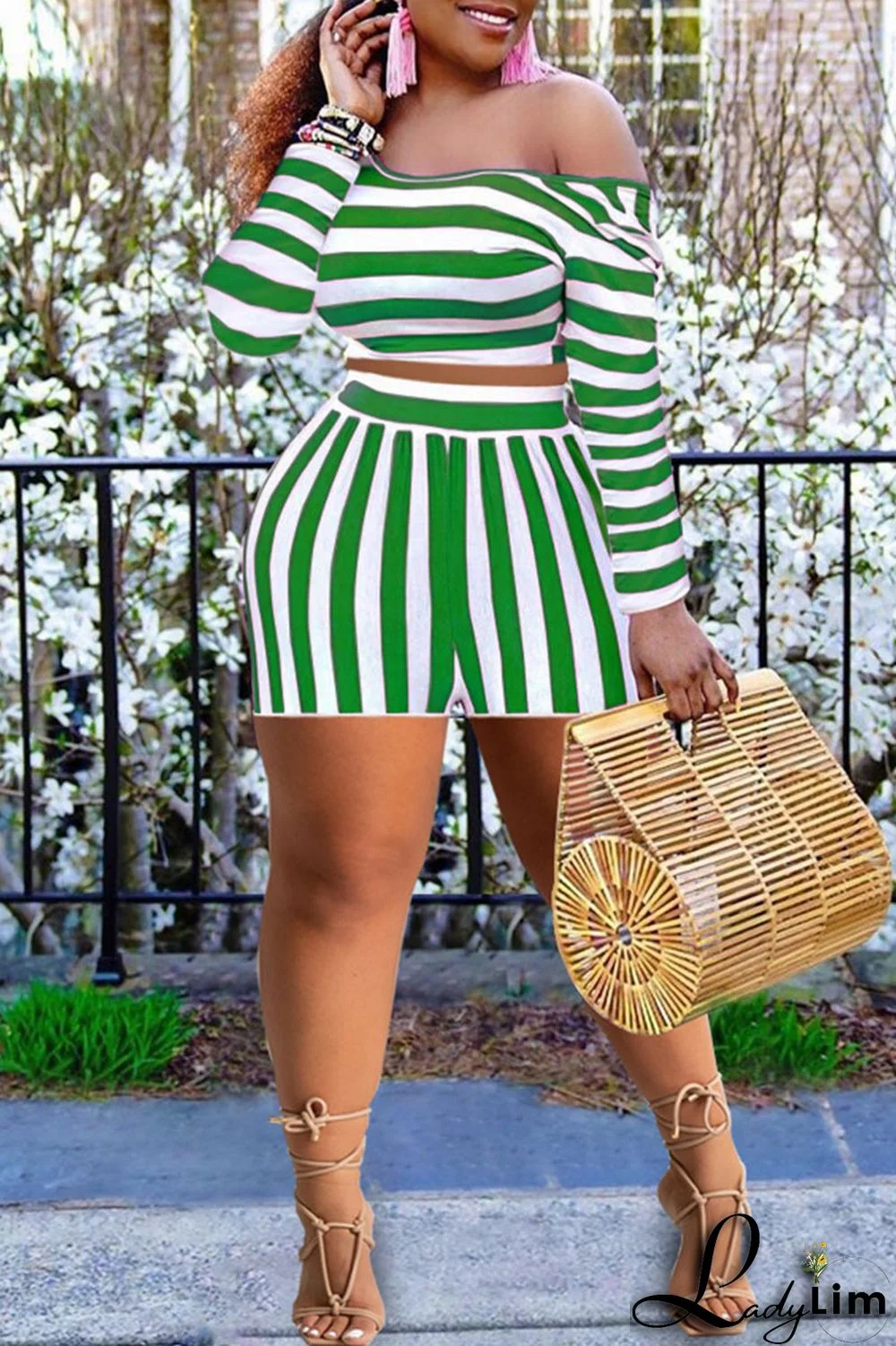 Blue Casual Striped Print Patchwork Asymmetrical Collar Plus Size Two Pieces