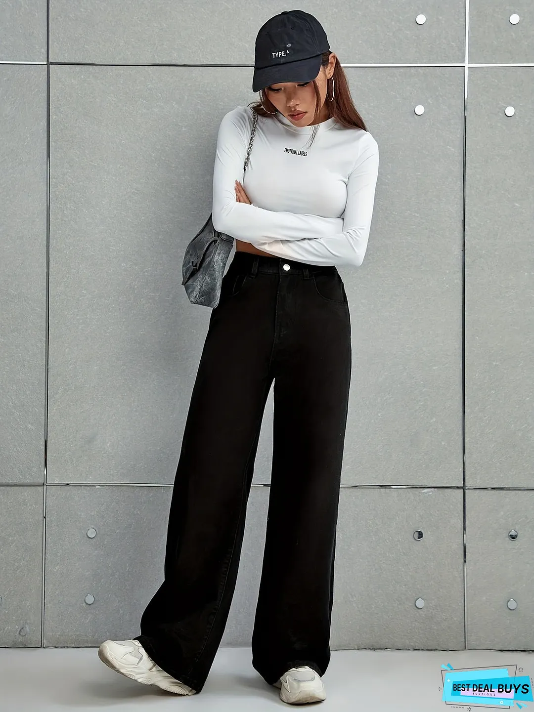 Black Star Pattern Baggy Jeans, Loose Fit Non-Stretch Casual Wide Legs Jeans, Women's Denim Jeans & Clothing