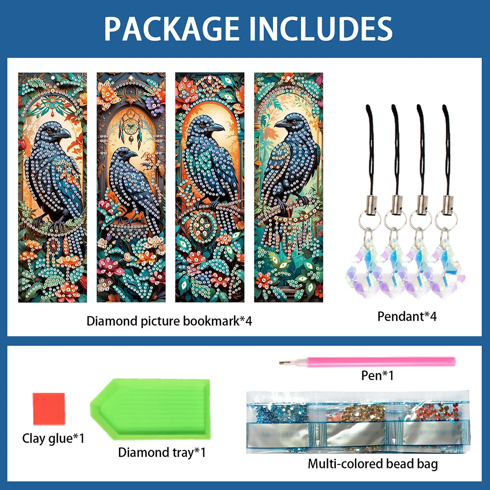 4Pcs 5D DIY Flowers Crows Special Shape Diamond Painting Bookmark for Beginners
