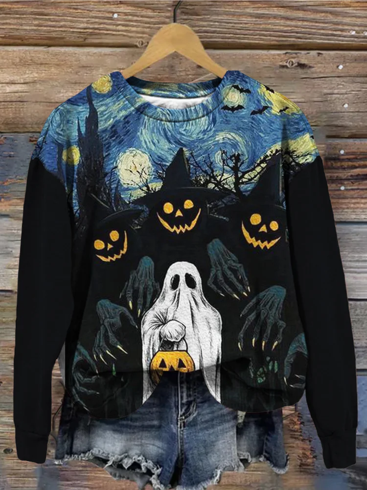Wearshes Ghost Hold Pumpkin Starry Night Art Pattern Sweatshirt