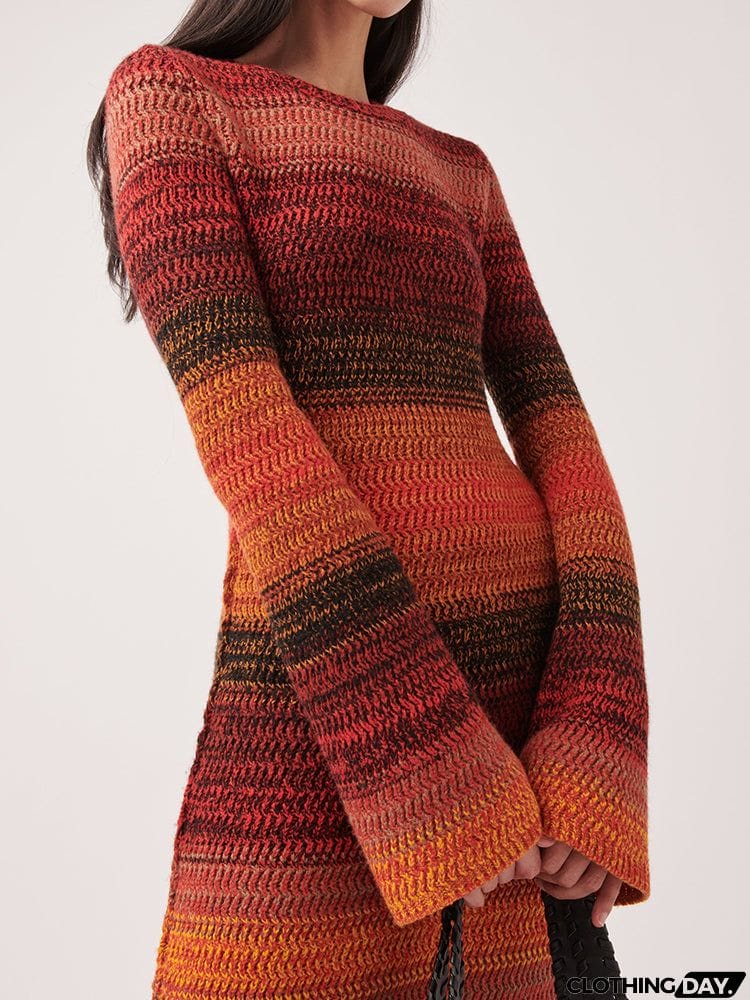 Bohemia Long Sleeves Color-Block Round-Neck Sweater Maxi Dresses