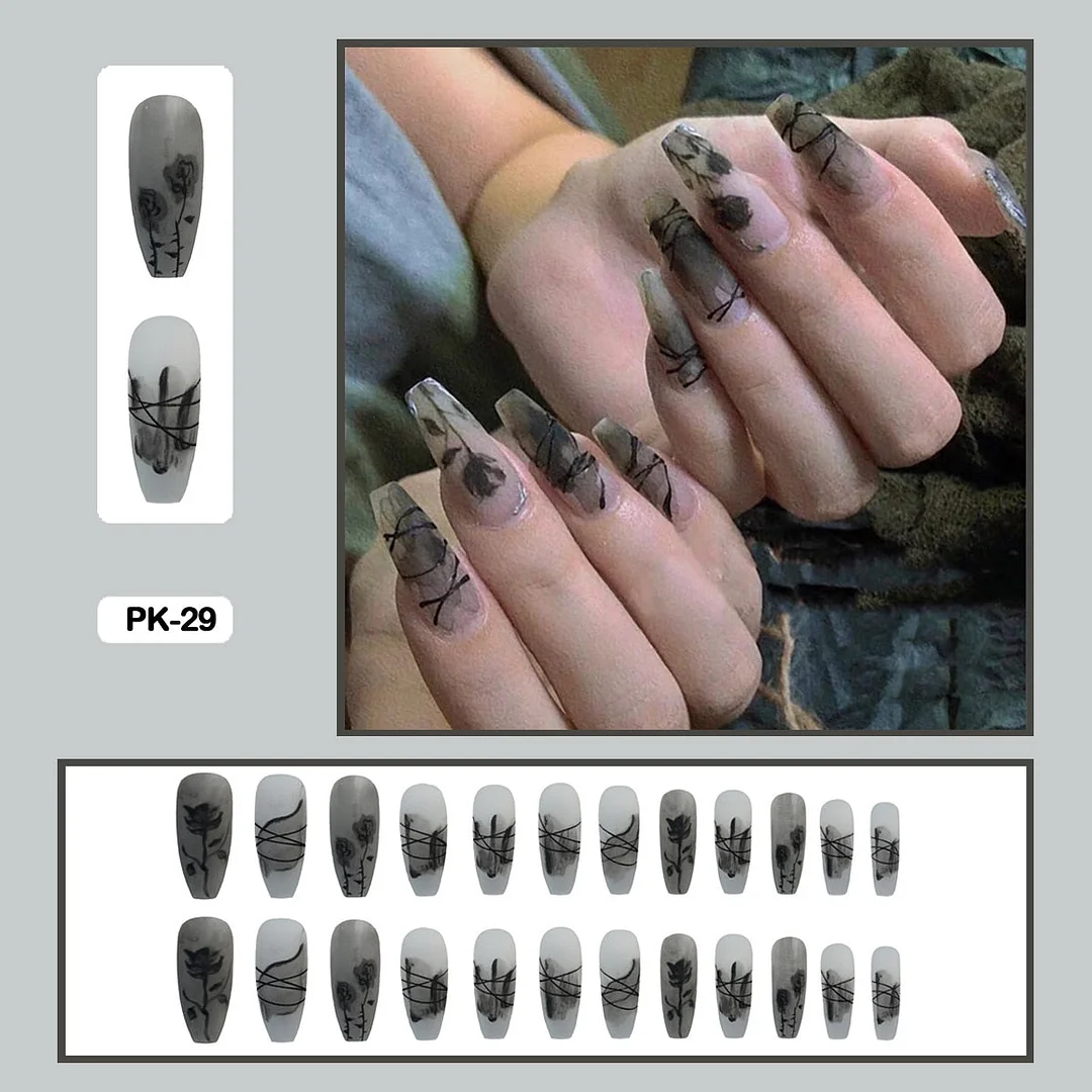 Dark Rose Nail Art Translucent Almond Shape Wearable False Nails With Glue And Sticker 24pcs/box With Wearing Tools As Gift-Nail Inspo