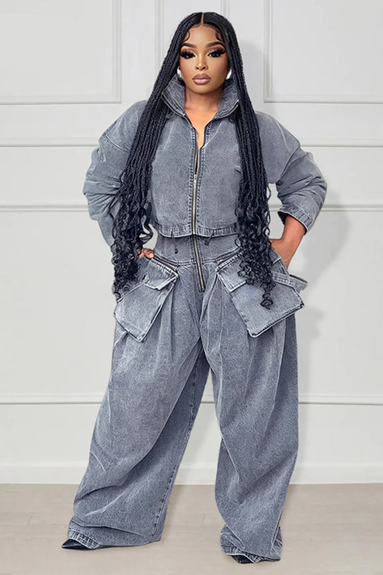 Denim Zip Long Sleeve Crop Jacket Pockets Wide Leg Pants Matching Set-Grey