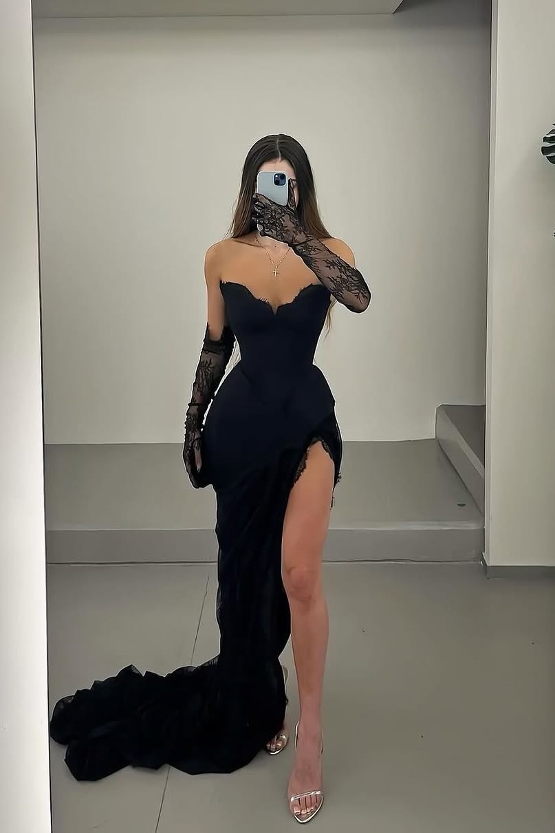 Ovlias Chic Black Strapless sleeves Split Train Slimming Prom Dress LY0520