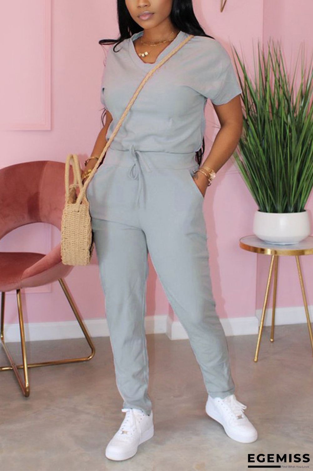 Grey adult Casual Fashion Solid Two Piece Suits Patchwork Bandage Straight Short Sleeve | EGEMISS