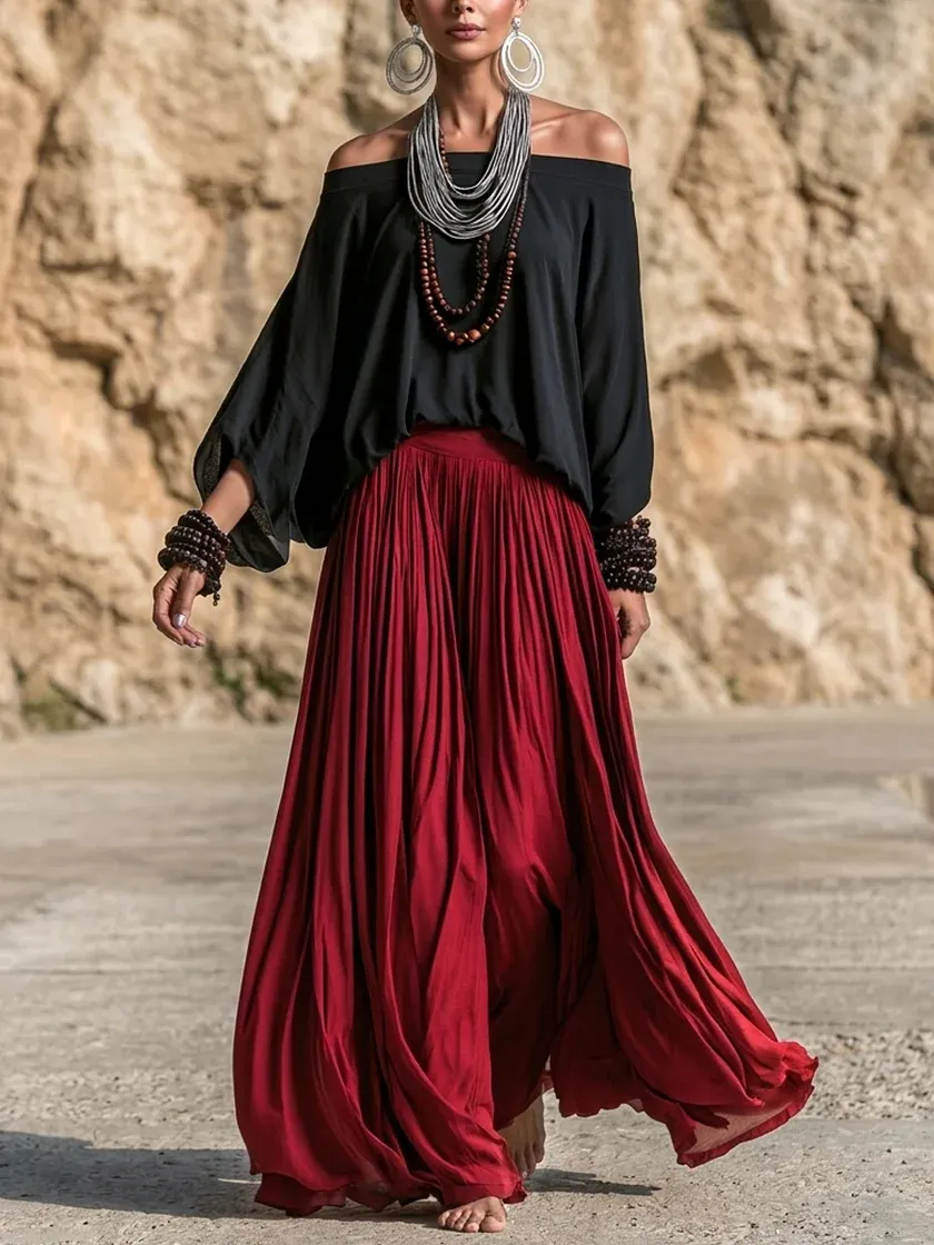 Women Off Shoulder Loose Blouse Flowy Wide Leg Maxi Pants Skirt Set