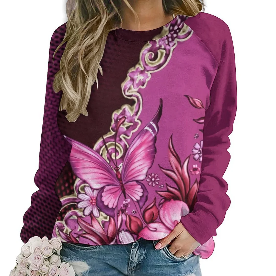 Printed Long Sleeve Casual Sweatshirt for  Women and Men Unisex Pattern Floral, Rose Red, Butterfly
