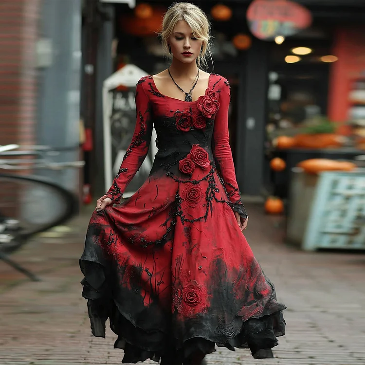 Retro Red Rose Embroidery Beaded Gradient Maxi Dress