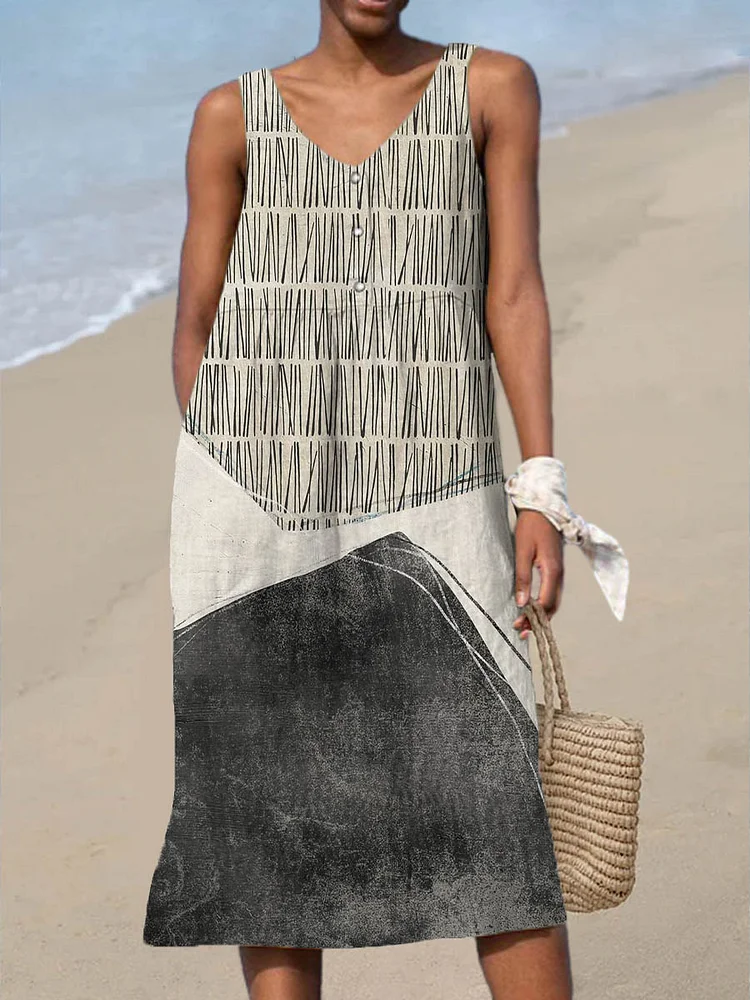 Women's Geometric Pattern Art Print Sleeveless Cotton And Linen Dress