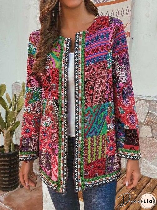 Jackets Retro Print Pocket Long Sleeve Cardigan Jacket for Women