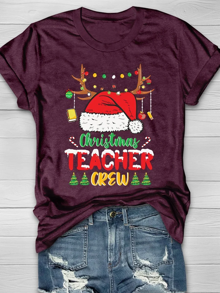 Christmas Teacher Crew Print Short Sleeve T-shirt