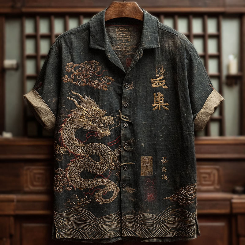 Women's Japanese Dragons And Waves Art Pattern Short Sleeve Linen Blend Shirt elevenforest