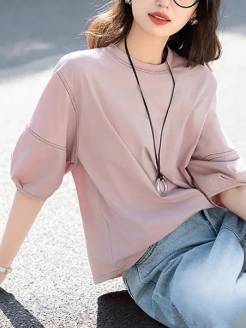 Athvotar Athvotar Seven-Sleeved T-Shirt Women 2025 Summer New Round-Necked Color Line Decorate Casual Lantern Sleeve Top