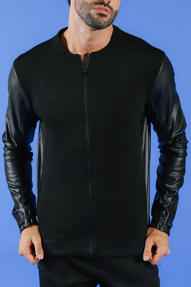 PU Leather Patchwork Zipper Casual Jacket [Pre-Order]