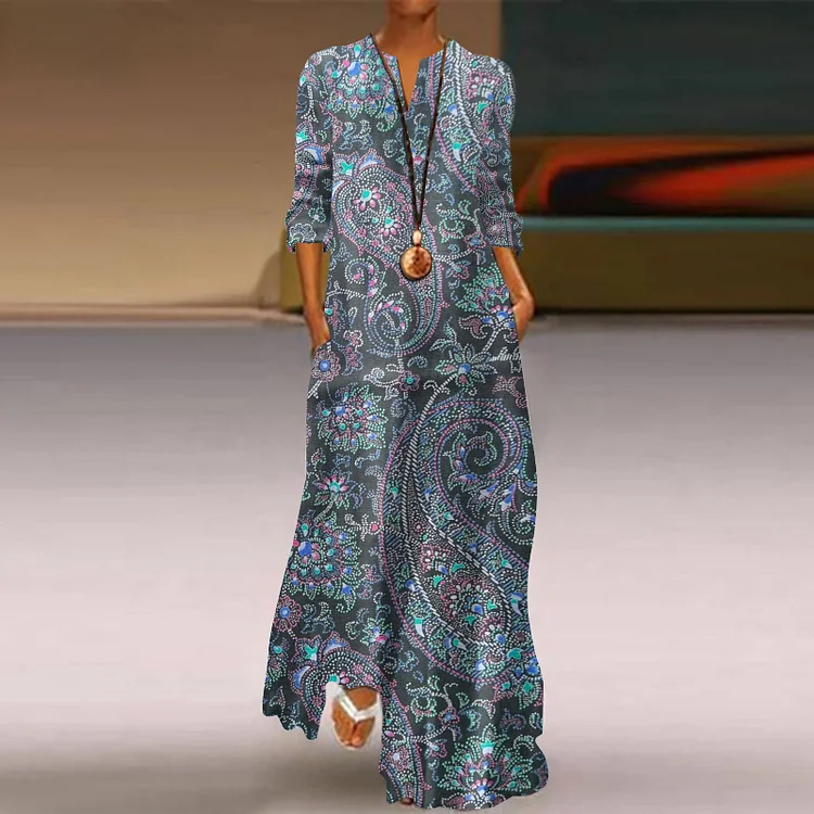 Vintage Ethnic Vintage Purple and Black Arthur Stuart Paisley Geometric Pattern Printed Flowy Maxi Dress