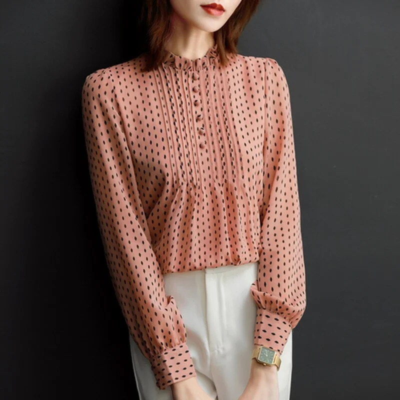 Christmas Gift Spring Autumn Style Chiffon Blouses Women Shirts Lady Casual Long Sleeve O-Neck Polka Dot Printed Chiffon Blusas Mujer Tops11859