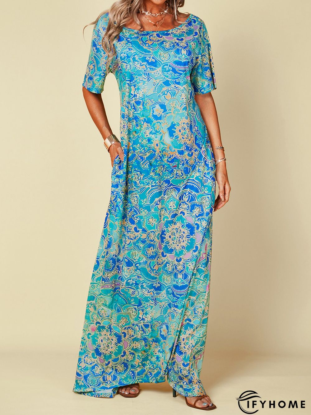 Short Sleeve Cotton-Blend Off-Shoulder Abstract Dresses | IFYHOME