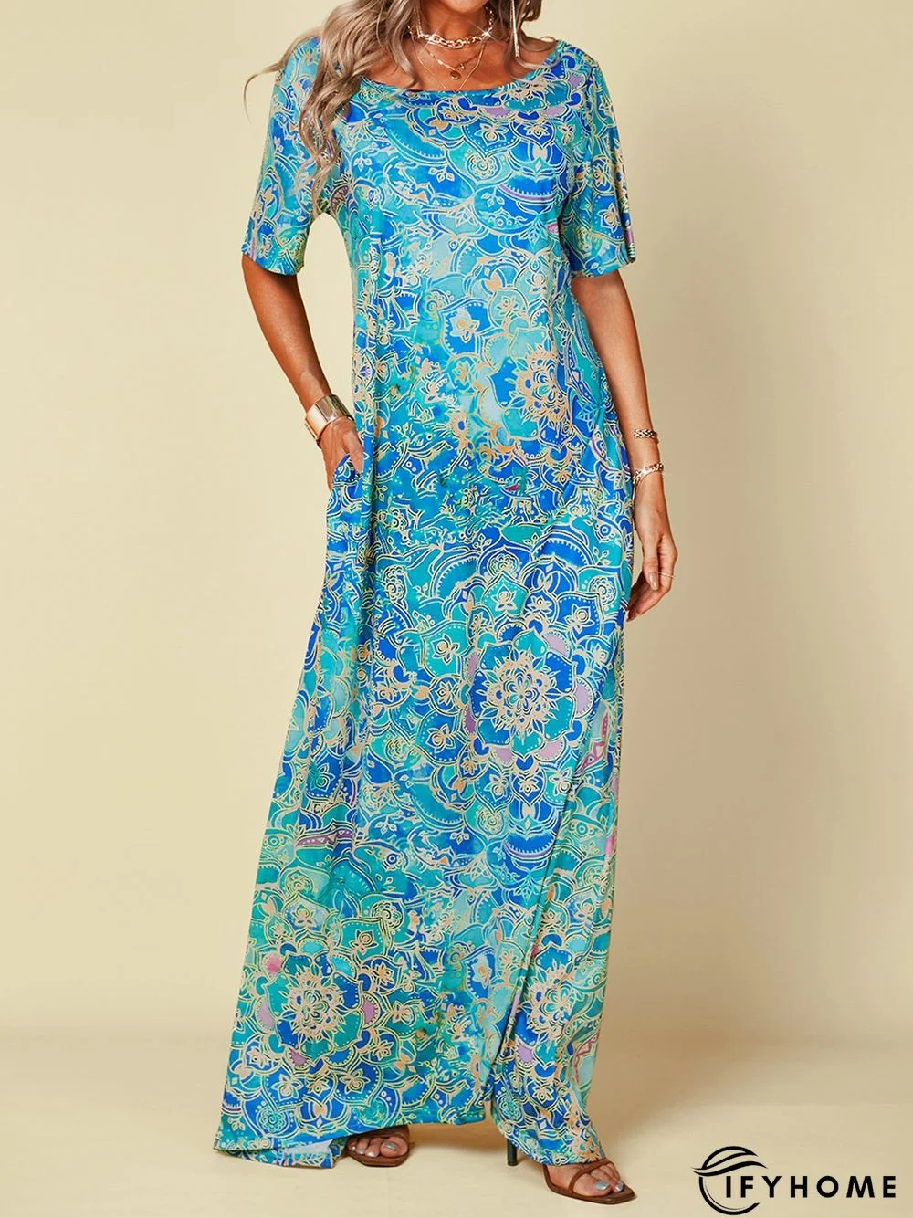 Short Sleeve Cotton-Blend Off-Shoulder Abstract Dresses | IFYHOME