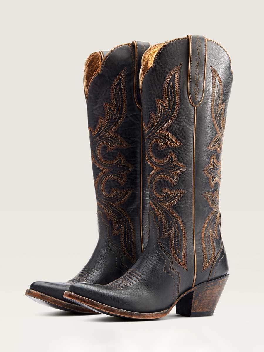 Black Snip Toe Chunky Heel Embroidered Knee High Cowgirl Boots
