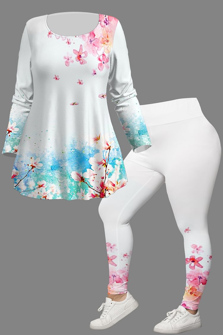 Flycurvy Plus Size Casual White Floral Print Two Piece Pant Set  flycurvy [product_label]