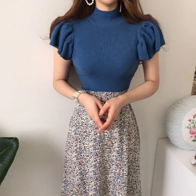 huibahe Summer Korean Fashion Two Piece Skirt Sets Women Blue Knitted Tops + Elastic Waist Printed Long Skirt Vintage Elegant Suits