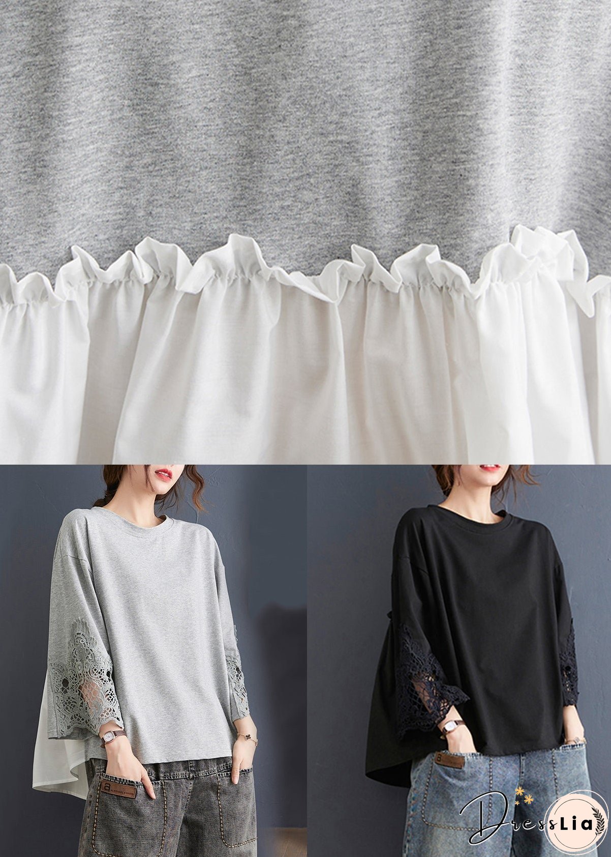 Women Grey Ruffled Lace Patchwork Cotton Tops Spring