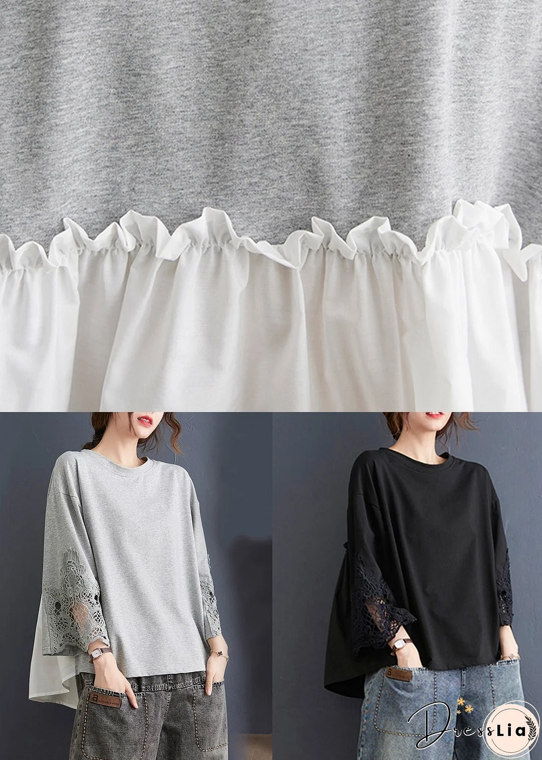 Women Grey Ruffled Lace Patchwork Cotton Tops Spring