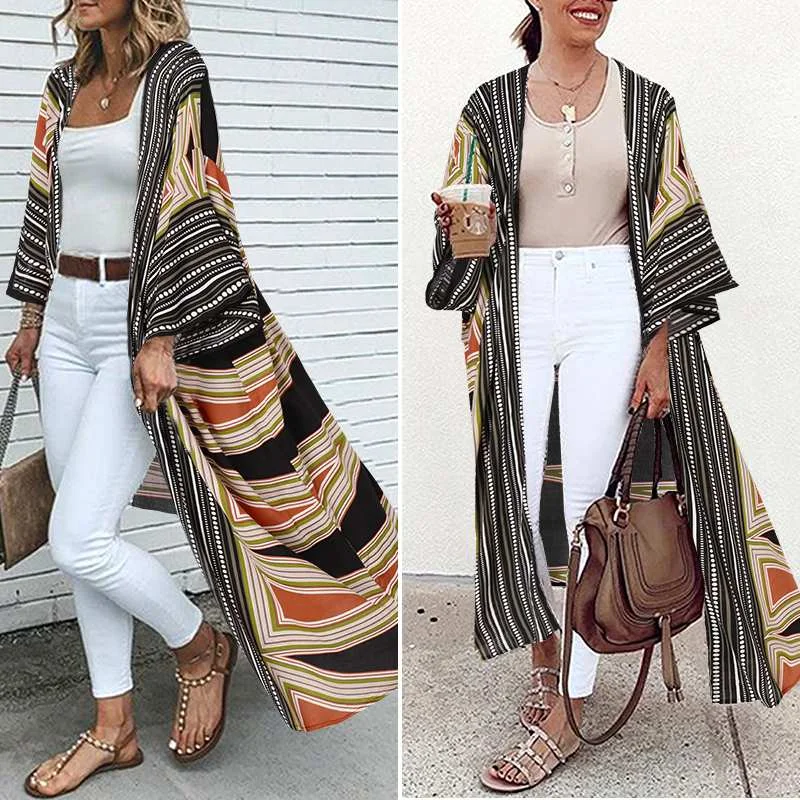 Summer Cardigan Kimono ZANZEA Women Vintage Printed Long Shirt Female Party Tops Tunic Casual Open Stitch Loose Beach Blouse