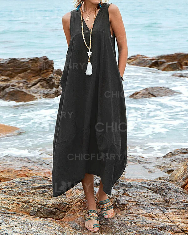 Casual Linen V-Neck Pocket Beach Dress