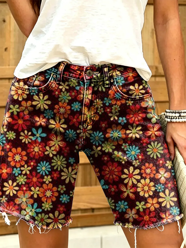 Women's Vintage Floral Print Denim Shorts
