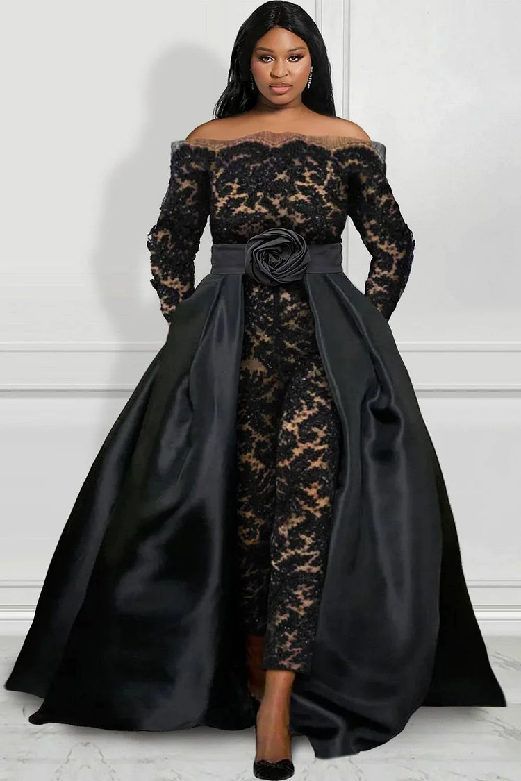 Xpluswear Design Plus Size Black Formal Lace Long Sleeve With Pocket Satin Maxi  Dresses