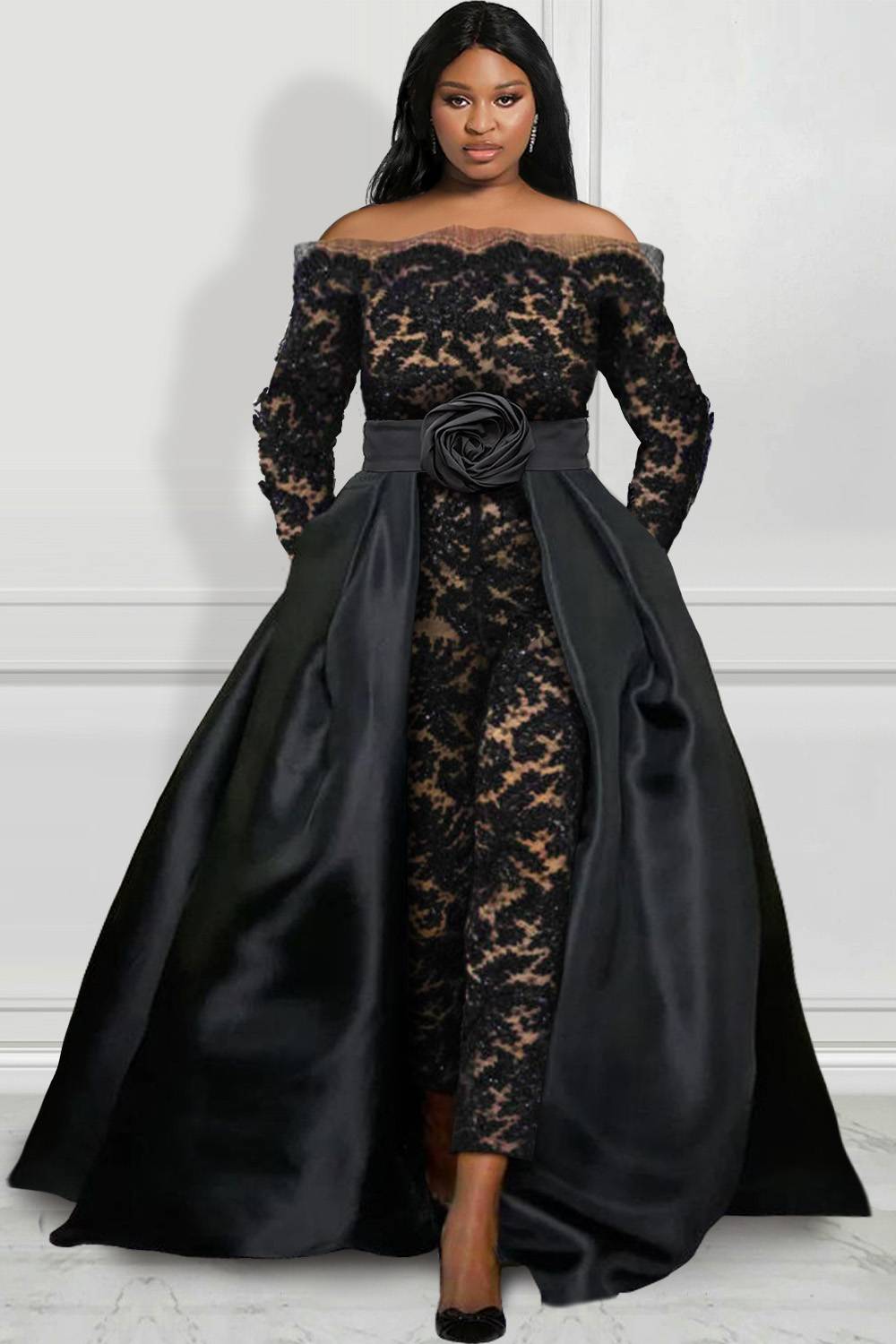 Design Plus Size Formal Jumpsuits Black Fall Winter Off The Shoulder Long Sleeve See Through Pocket Lace Jumpsuits [Pre-Order]