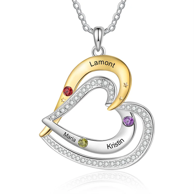 Personalized 3 Birthstones & 3 Names Necklace Custom Heart Pendant Necklace Gifts for Her