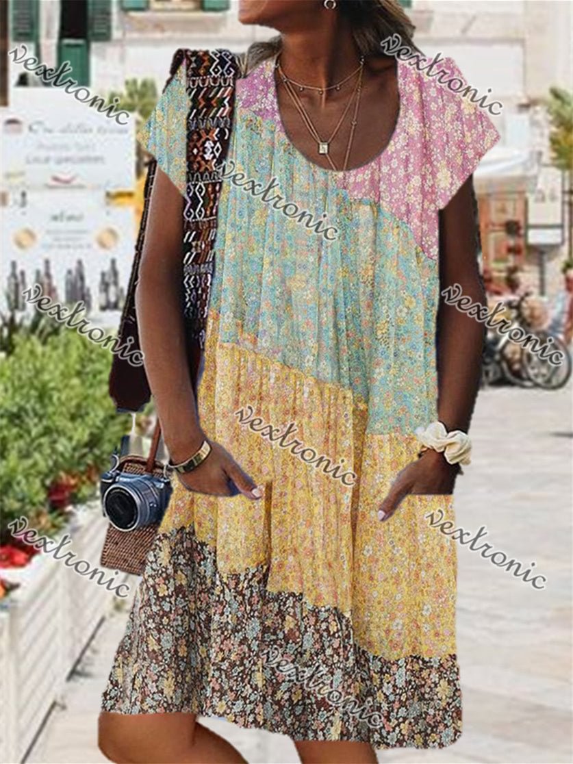 Women Short Sleeve U-neck Floral Printed Colorblock Pockets Midi Dress