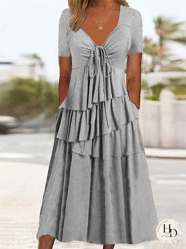 Casual Dress Summer Dress Pleated Dress Plain Lace up Ruched V Neck Midi Dress Fashion Basic Outdoor Daily Short Sleeve Slim Pink Wine Green Summer Spring S M L XL XXL for Women