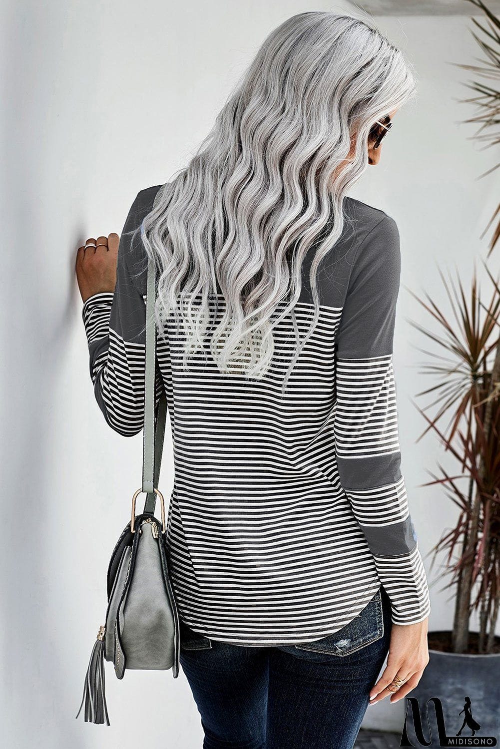 MidiSono - Casual Gray Striped Pinstripe Patch Pocket Long Sleeve Top