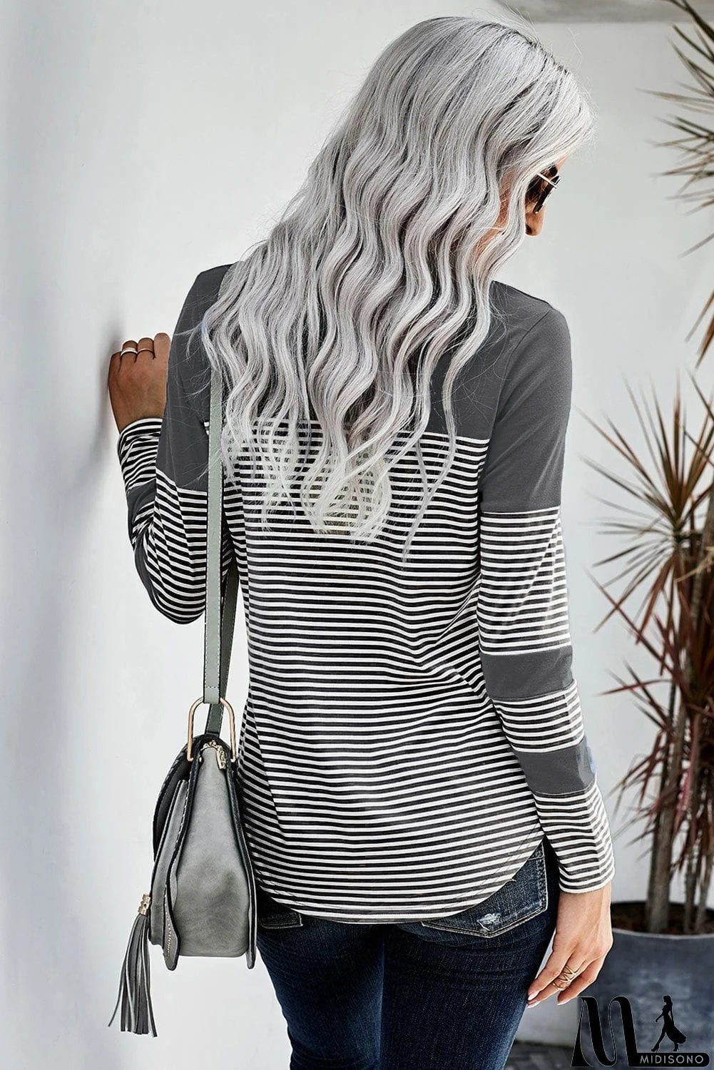 MidiSono - Casual Gray Striped Pinstripe Patch Pocket Long Sleeve Top