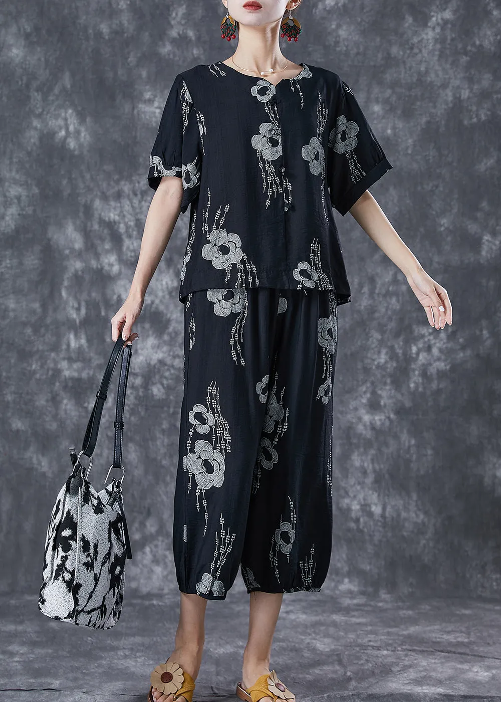 Black Print Cotton Two Pieces Set Oversized Short Sleeve