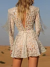 Stylish Long Sleeve High-Neck Backless Tasseled See-Through Jacquard Evening Mini Dress