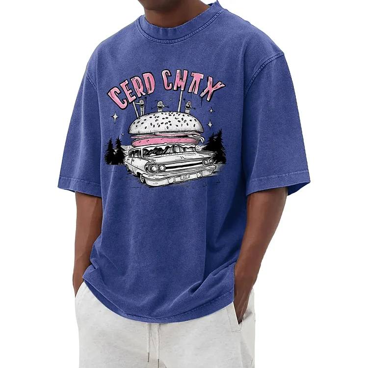 Funny hamburger graphic washed T-shirt