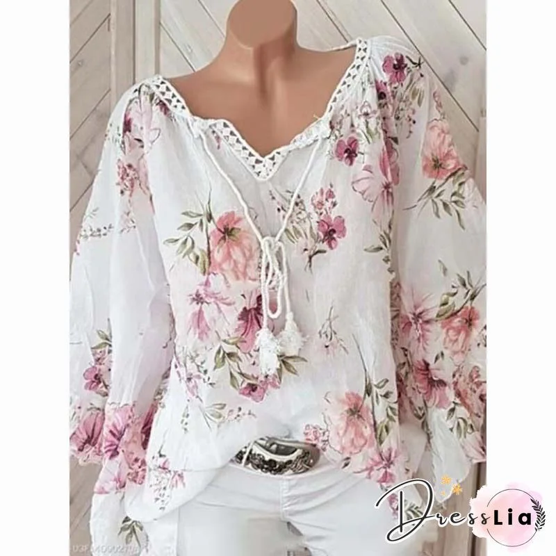 Women's Fashion Tunic Shirt Ladies Floral Print Long Sleeve Blouse Dress Plus Size