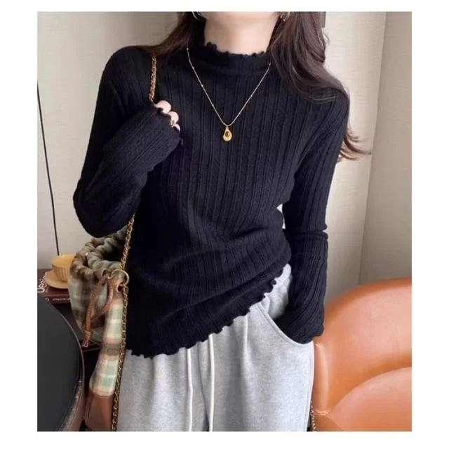 Top Edge Knit Plain Long-Sleeve Mock Neck Lettuce