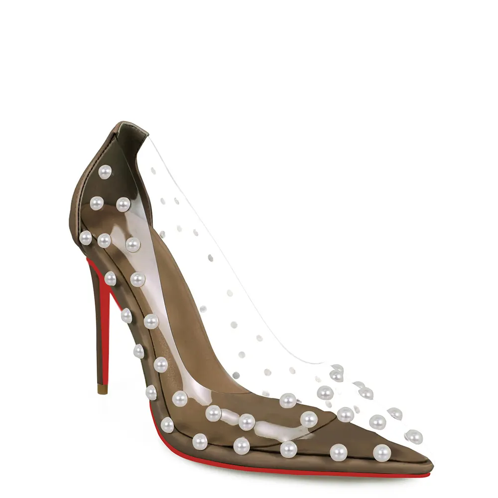 100mm Women's Pumps Pointed Toe Women High Heel Shoes Fashion Pearl Studded PVC Clear Heels Party Dress Red Bottom Shoes-vocosishoes