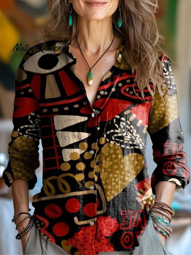Women's Vintage Abstract Flower Eye Geometry Art Print Casual Cotton Shirt