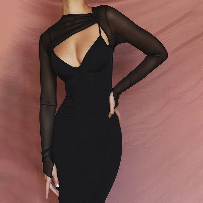 2022 For Spring Women's Clothes Sexy Black Midi Dress Club  Evening Party Prom Mesh 2 Piece Casual Corset Dresses Holiday