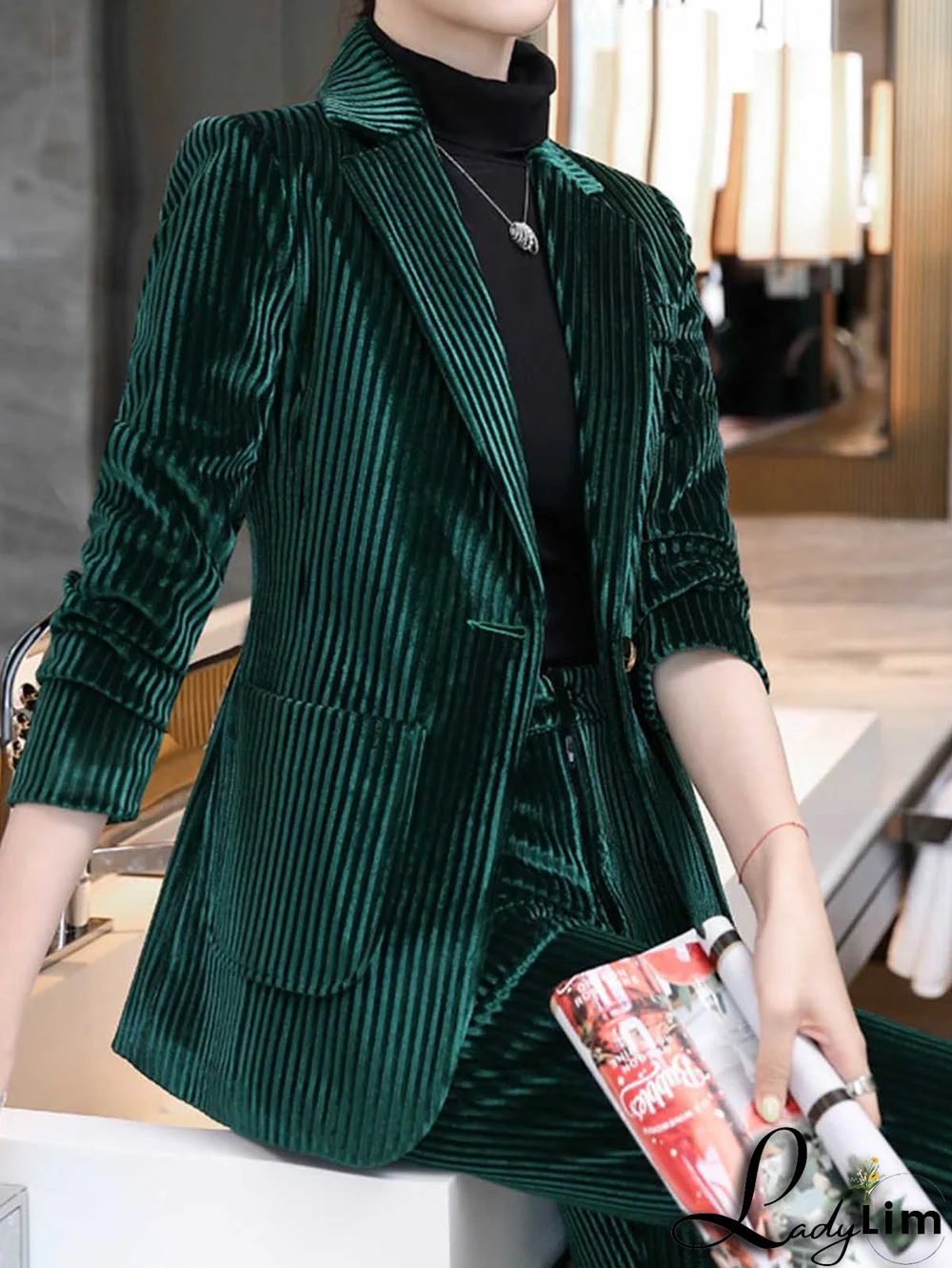 Daily Velvet Notched Lapel Collar Long Sleeve Corduroy Blazer & Pant