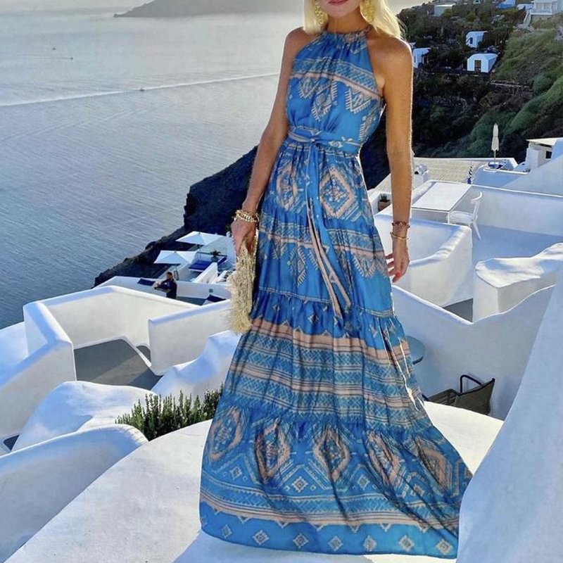 Resort Halterneck Ruffle Printed Maxi Dress