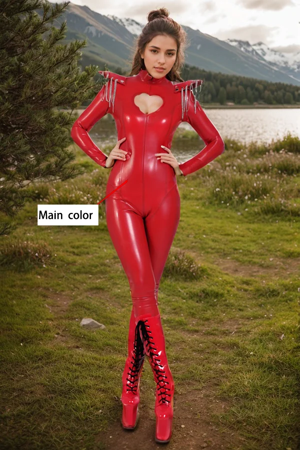Women's Red Latex Catsuit: Heart Cutout & Spiked Shoulders